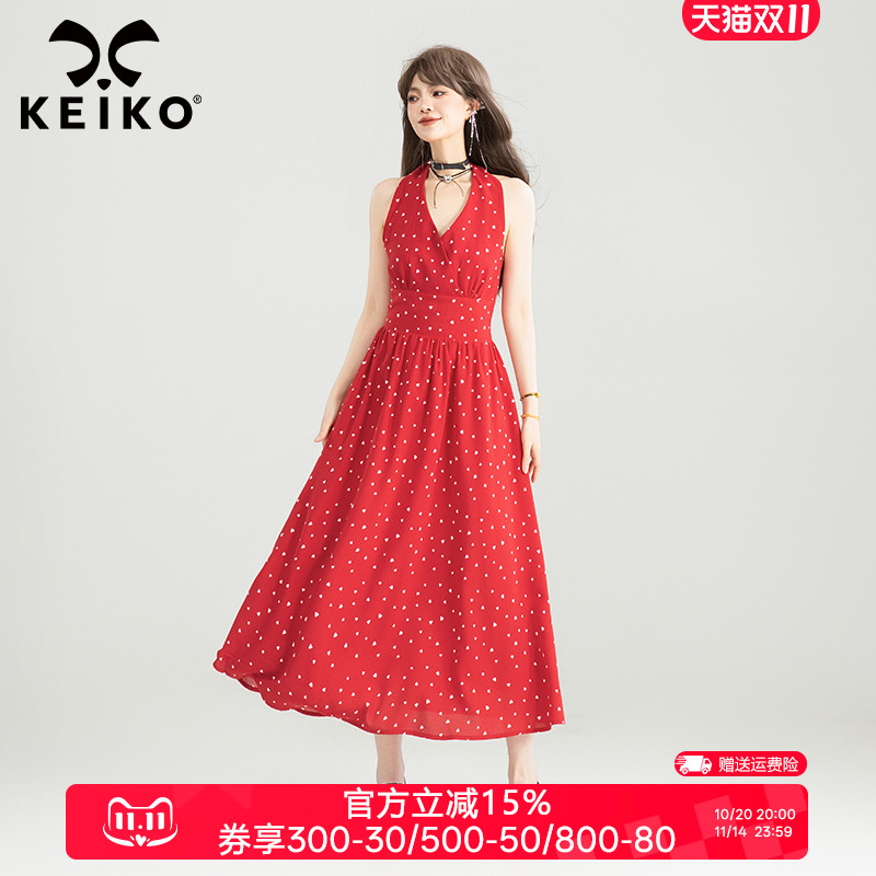 KEIKO法式红色露背波点连衣裙