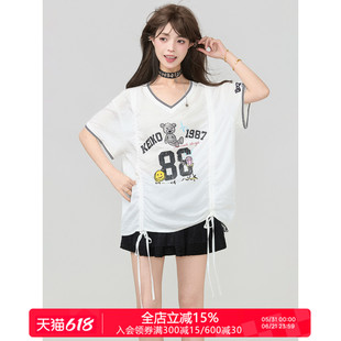 KEIKO [莱赛尔水光T]运动感数字印花短袖T恤夏季轻量丝滑抽褶上衣