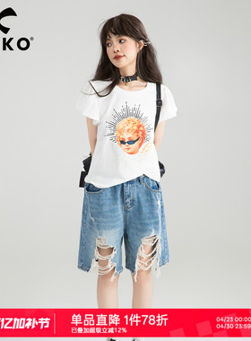 KEIKO 时髦印花荷叶袖正肩t恤女夏季今年流行圆领白色短袖上衣