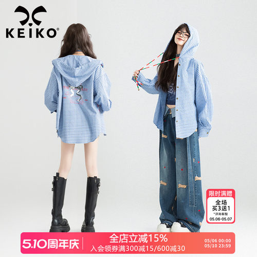 KEIKO美式复古蓝格子连帽衬衫
