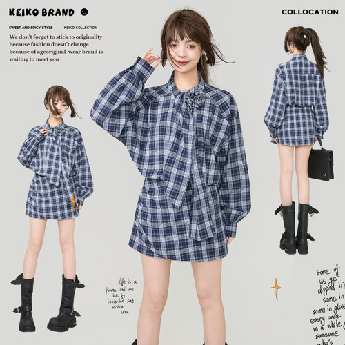 KEIKO韩系复古格纹显瘦衬衫裙
