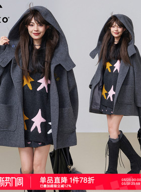 KEIKO 高级感灰色连帽羊毛呢外套25秋冬格雷系斗篷形显瘦呢子大衣
