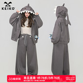 复古廓形宽松拉链卫衣 美式 KEIKO 搞怪小鲨鱼连帽加绒外套女26春季