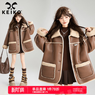 KEIKO 羊羔毛一体皮衣外套女冬美拉德加绒棉服大衣 环保皮草