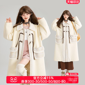 KEIKO[夹棉/保暖]花呢拼接毛呢大衣女秋冬设计感绳结扣饰呢子外套
