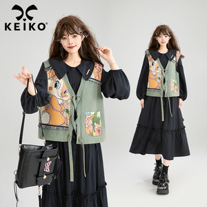 KEIKO [加绒] 叠穿卡通提花拼接马甲背心25秋季外搭无袖牛仔外套