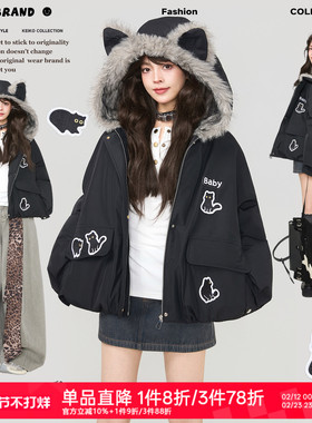 KEIKO [三防面料]环保狐狸毛连帽黑色棉服冬季可爱萌猫绣花厚外套