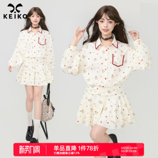 连衣裙春季 KEIKO 式 碎花衬衫 奶油少女风荷叶边百褶短裙 马年系列