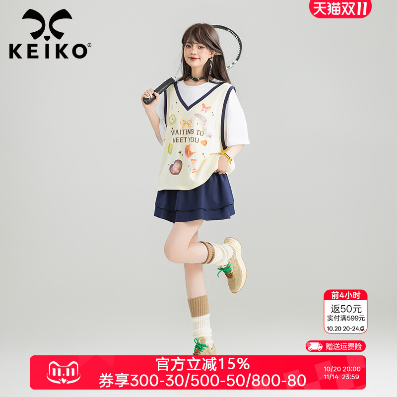 KEIKO轻运动假两件短袖t恤女