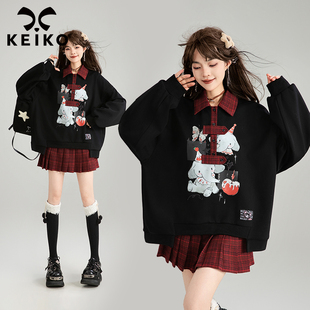 洋气减龄宽松休闲外套上衣 复古黑色polo领卫衣女25秋季 KEIKO 美式