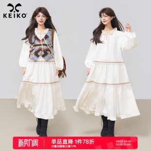 波西米亚风拼接灯笼袖 提花织带白色连衣裙春季 A字长裙 法式 KEIKO