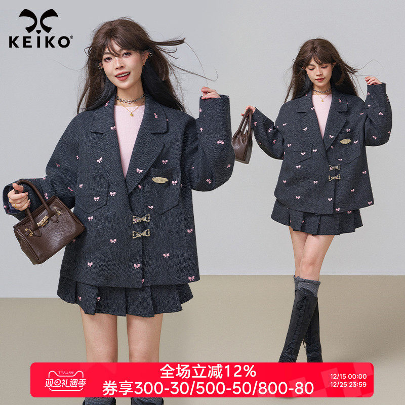 KEIKO人字纹短款羊毛呢西装外套