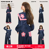 KEIKO设计感海军领牛仔外套女早春穿搭时髦拼格上衣 两件套 牛仔裤