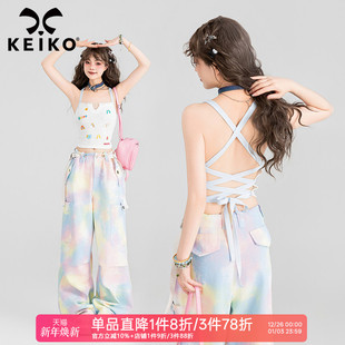 白色刺绣露脐短款 露背交叉绑带背心2025新款 上衣 甜心辣妹 KEIKO