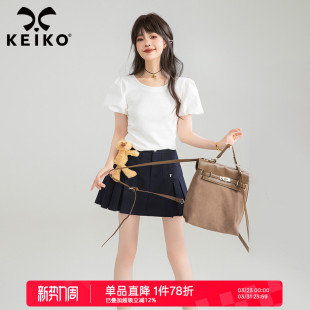 简单显瘦束腰型短款 t恤女夏季 正肩上衣 俏皮可爱白色泡泡袖 KEIKO