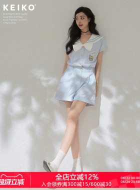 KEIKO 浅蓝色海军领连体短裤水手服女夏季航海学院风显瘦连身衣裤