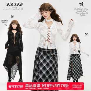 KEIKO 轻盈复古钩花镂空蕾丝衬衫女26春季绑带设计内搭打底上衣