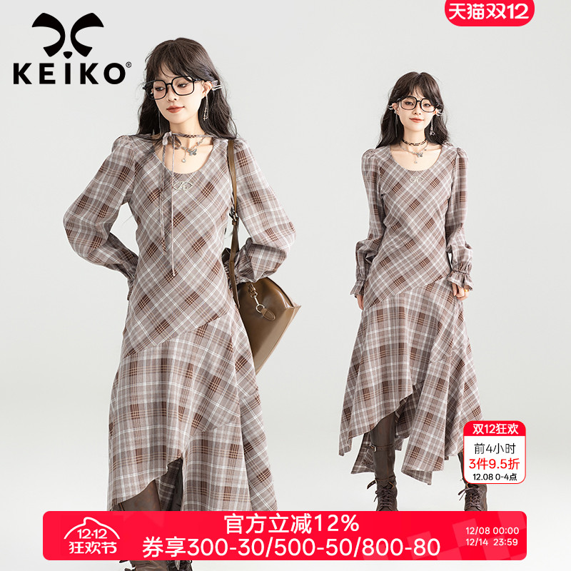 KEIKO法式格纹不规则连衣长裙