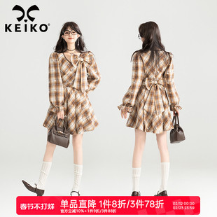 KEIKO [可拆蝴蝶结]复古格纹连衣裙早秋法式减龄小个子泡泡袖短裙