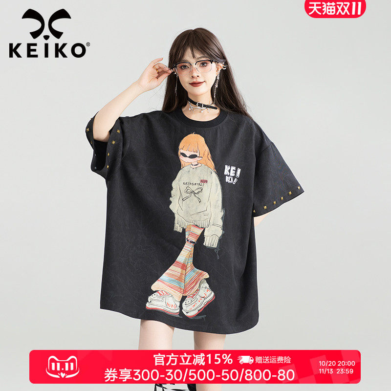 KEIKO 美式复古印花短袖t恤女中长款夏季y2k嘻哈铆钉饰宽松t恤裙