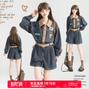 复古牛仔连衣裤 美式 26春季 工装 KEIKO 风系带显瘦连身短裤 绣标