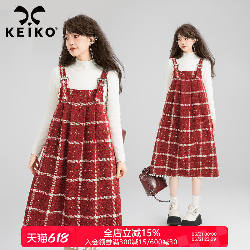 KEIKO 洋气减龄红色格纹花呢连衣裙春季新年穿搭复古显瘦背带裙
