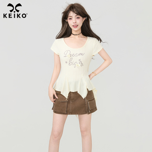 00上新 KEIKO 4月7日 荷叶边正肩上衣 云感肌理坑条U领t恤夏季