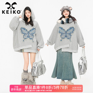 KEIKO 刺绣蝴蝶灰色卫衣女2025秋冬慵懒风oversize连帽外套上衣