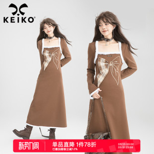 KEIKO 包臀长裙 创意蝴蝶结饰咖显瘦方领连衣裙26早春复古毛条修身