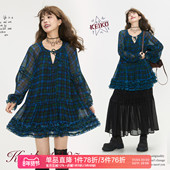 复古灯笼袖 KEIKO 轻法风蓝色格纹连衣裙26春季 木耳花边宽松a字裙