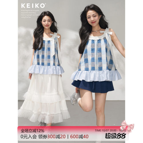 KEIKO清凉感蓝色格子无袖上衣