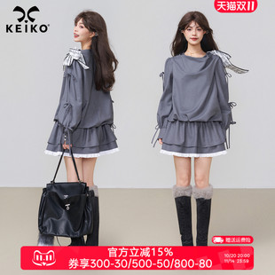 KEIKO 富家千金miu系穿搭收腰蓬蓬短裙子 松弛感灰色连衣裙25秋季