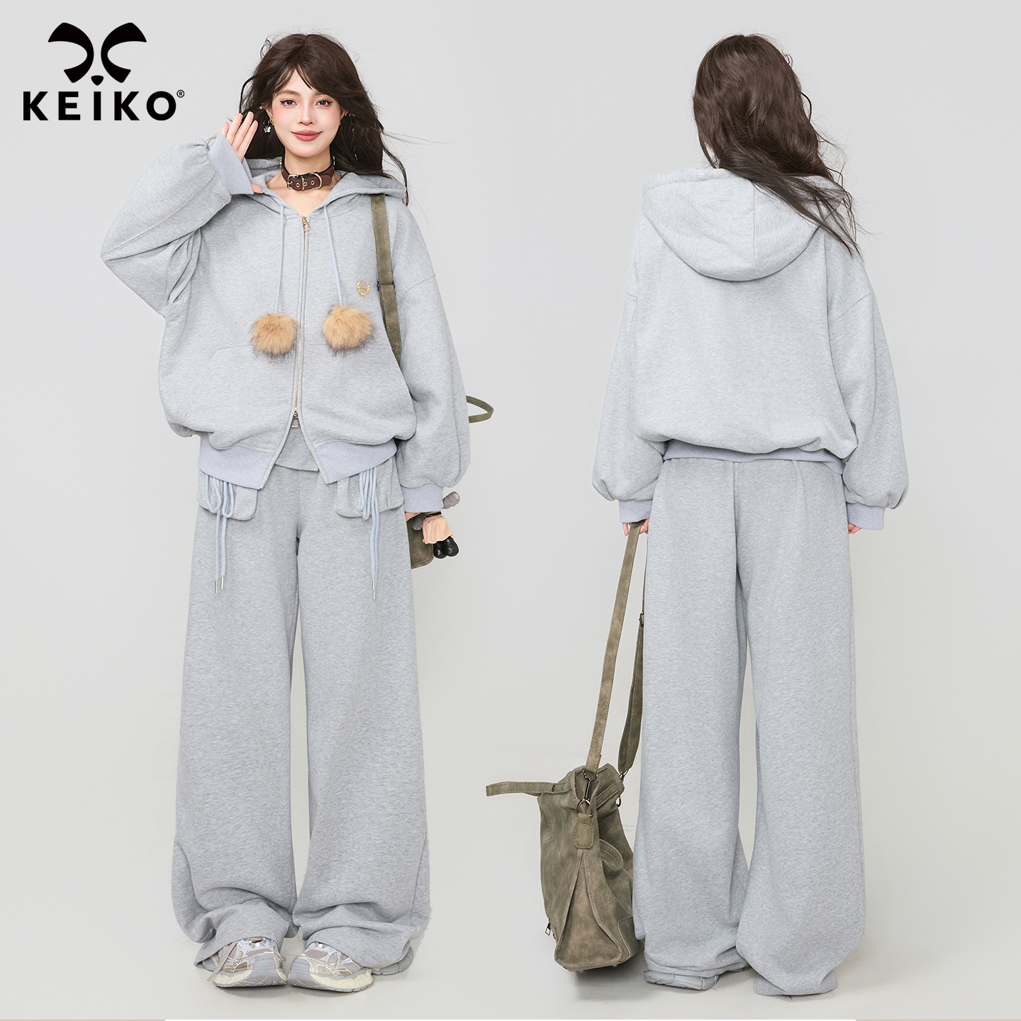 KEIKO灰色抽绳毛球连帽加绒卫衣