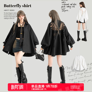 上衣宽松防晒衫 KEIKO 2026春夏高级感泡泡袖 衬衫 蝴蝶刺绣黑色长袖