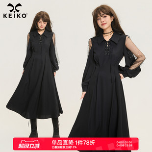 收腰连衣裙26春季 高级感A字大摆显瘦长裙 轻纱灯笼袖 KEIKO气质法式