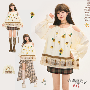 KEIKO 田园风碎花刺绣露肩上衣女2026春夏度假出游蕾丝花摆衬衫