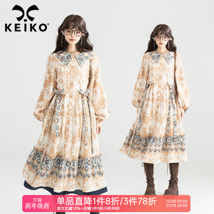 KEIKO 宫廷复古碎花娃娃连衣裙秋日波西米亚度假风费尔岛长裙 法式