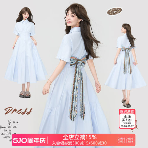KEIKO滑爽抗皱花案蝴蝶结连衣裙