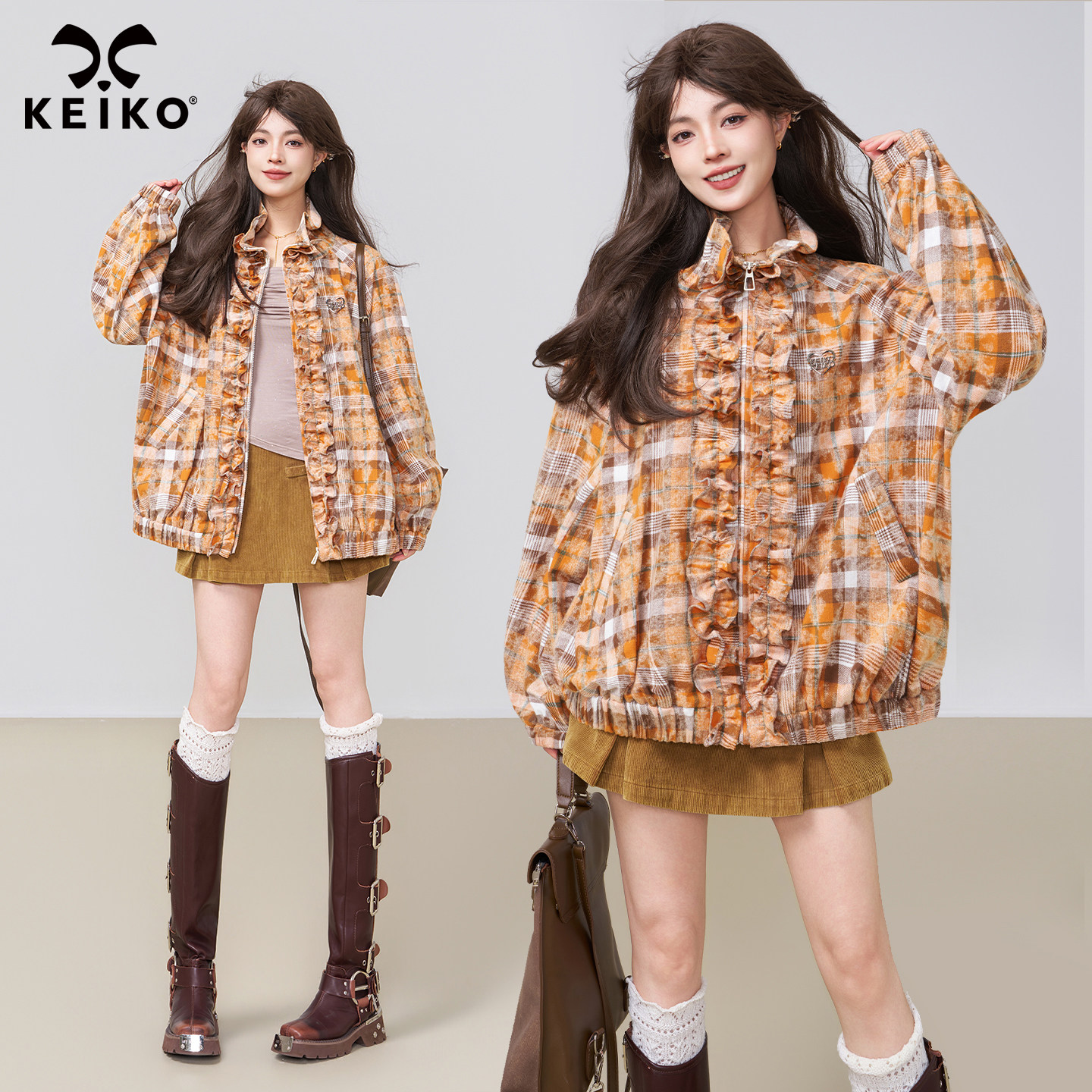 KEIKO 橘色褶皱格子立领短外套女26春季甜酷木耳花边宽松休闲夹克,女装/女士精品,短外套,淘宝优惠券,粉丝福利购,淘宝优惠卷