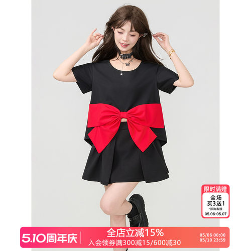 KEIKO 甜酷风立体蝴蝶结撞色上衣夏季设计感前短后长露脐短袖衬衫