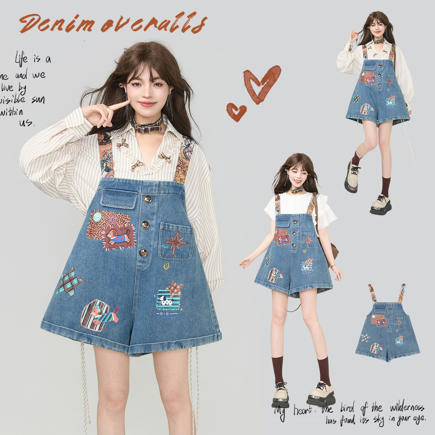 KEIKO 鬼马少女趣味印花背带牛仔裤女2026春夏小个子宽松阔腿短裤,女装/女士精品,牛仔裤,淘宝优惠券,粉丝福利购,淘宝优惠卷