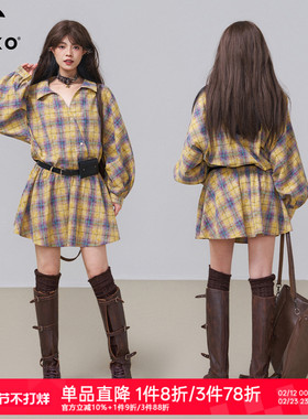 KEIKO 小众复古做旧感黄色格纹连衣裙春季氛围感斜襟系带衬衫裙子