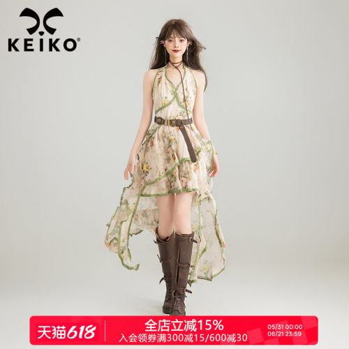 KEIKO法式复古碎花挂脖连衣裙