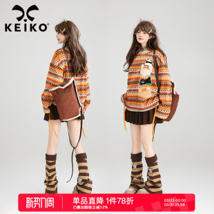 南法复古贴花宽松长袖 薄2026春季 上衣 落日橘色织条纹针织衫 KEIKO