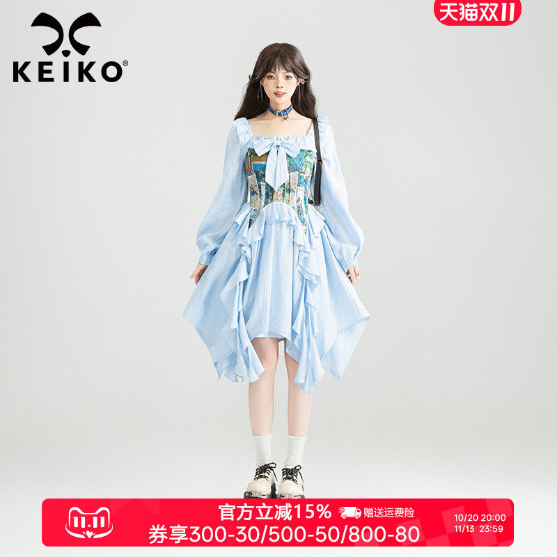 KEIKO 提花拼接收腰方领连衣裙秋季法式宫廷风不规则摆茶歇公主裙