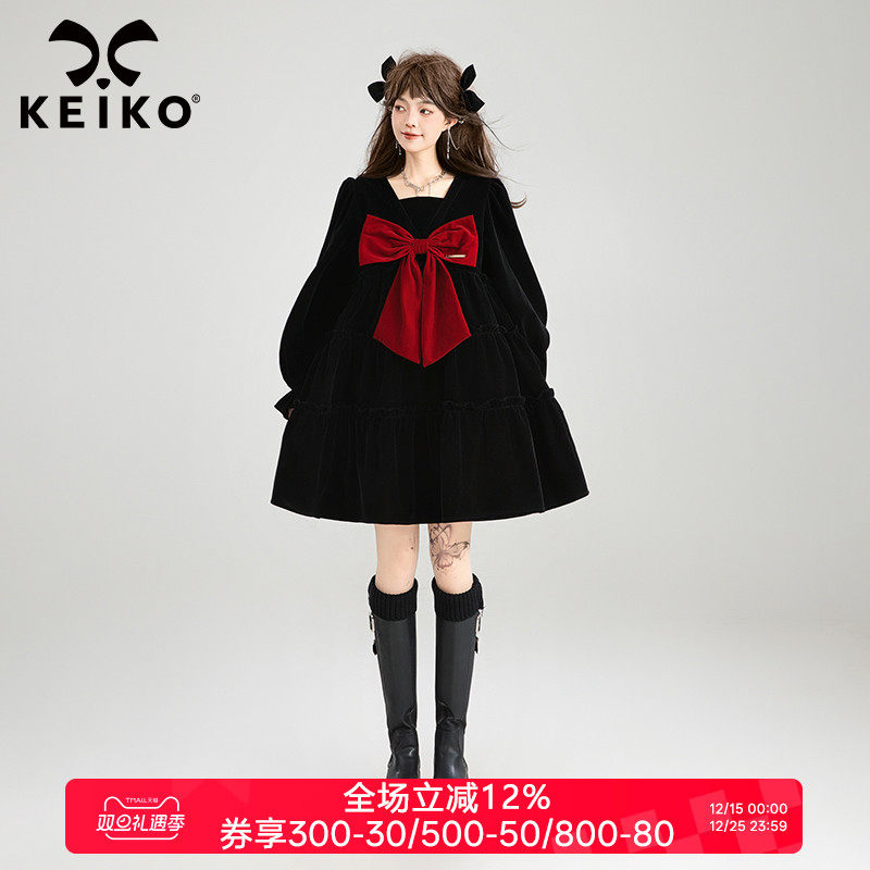 凯莉欧千金风丝绒蝴蝶结连衣裙