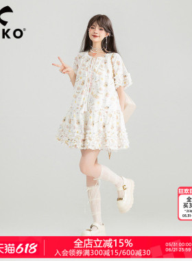 KEIKO 卡通小碎花白色连衣裙夏季立体感褶皱荷叶边圆领A字娃娃裙