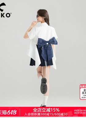 KEIKO 少年感蝴蝶结扎花白色衬衫女夏季洋气减龄绣标短袖上衣