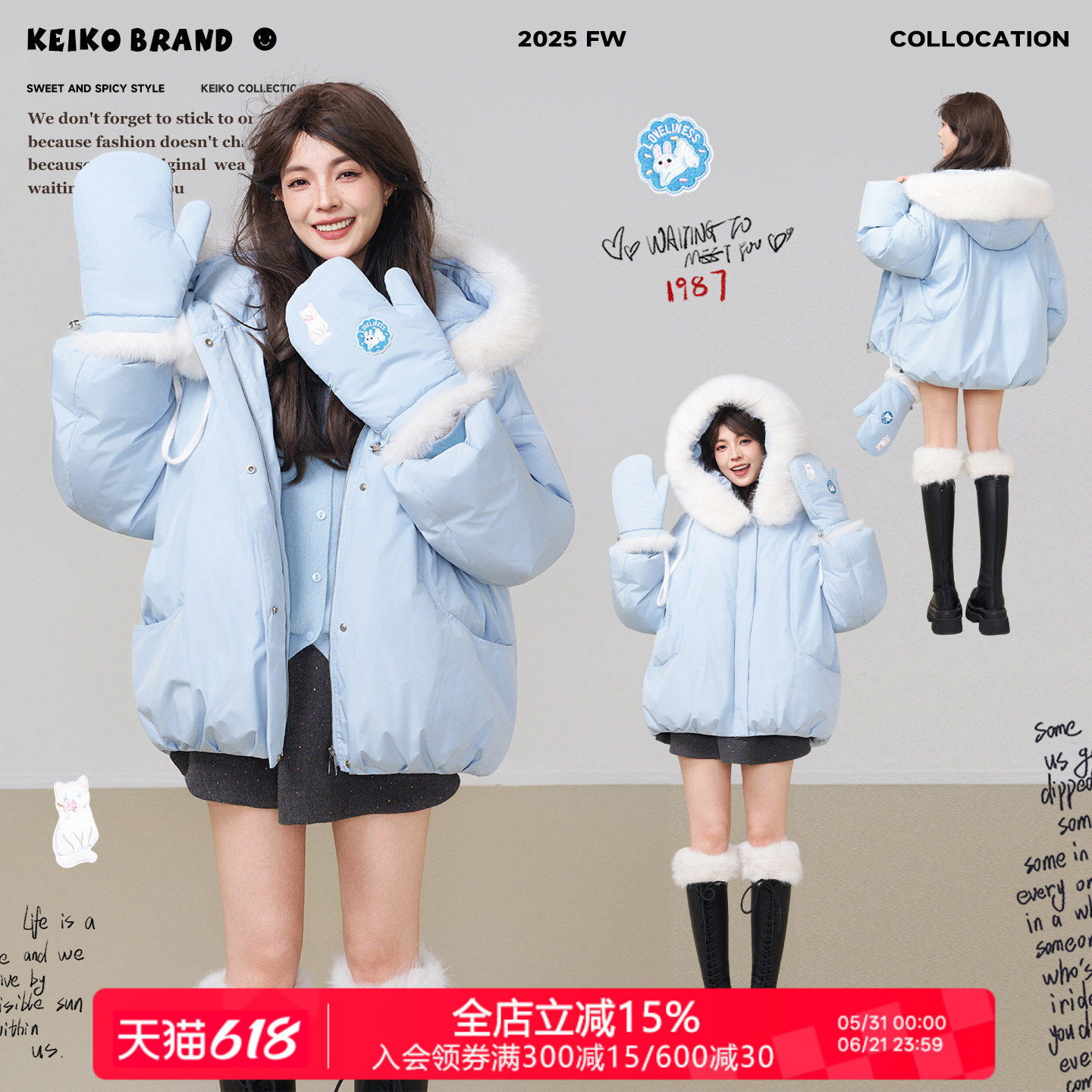 KEIKO [三防面料]花苞形加厚蓝色棉服冬季韩系保暖不臃肿棉袄外套