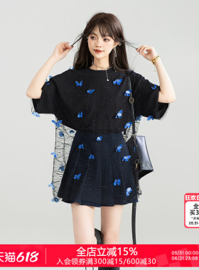 KEIKO 仙灵蝴蝶花薄纱拼接T恤女酷感慵懒宽松显瘦黑色短袖上衣